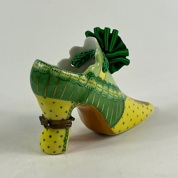 Fiona Saunders Limoges France Porcelain Shoe Figurine Hand Painted Green Yellow - Picture 2 of 13